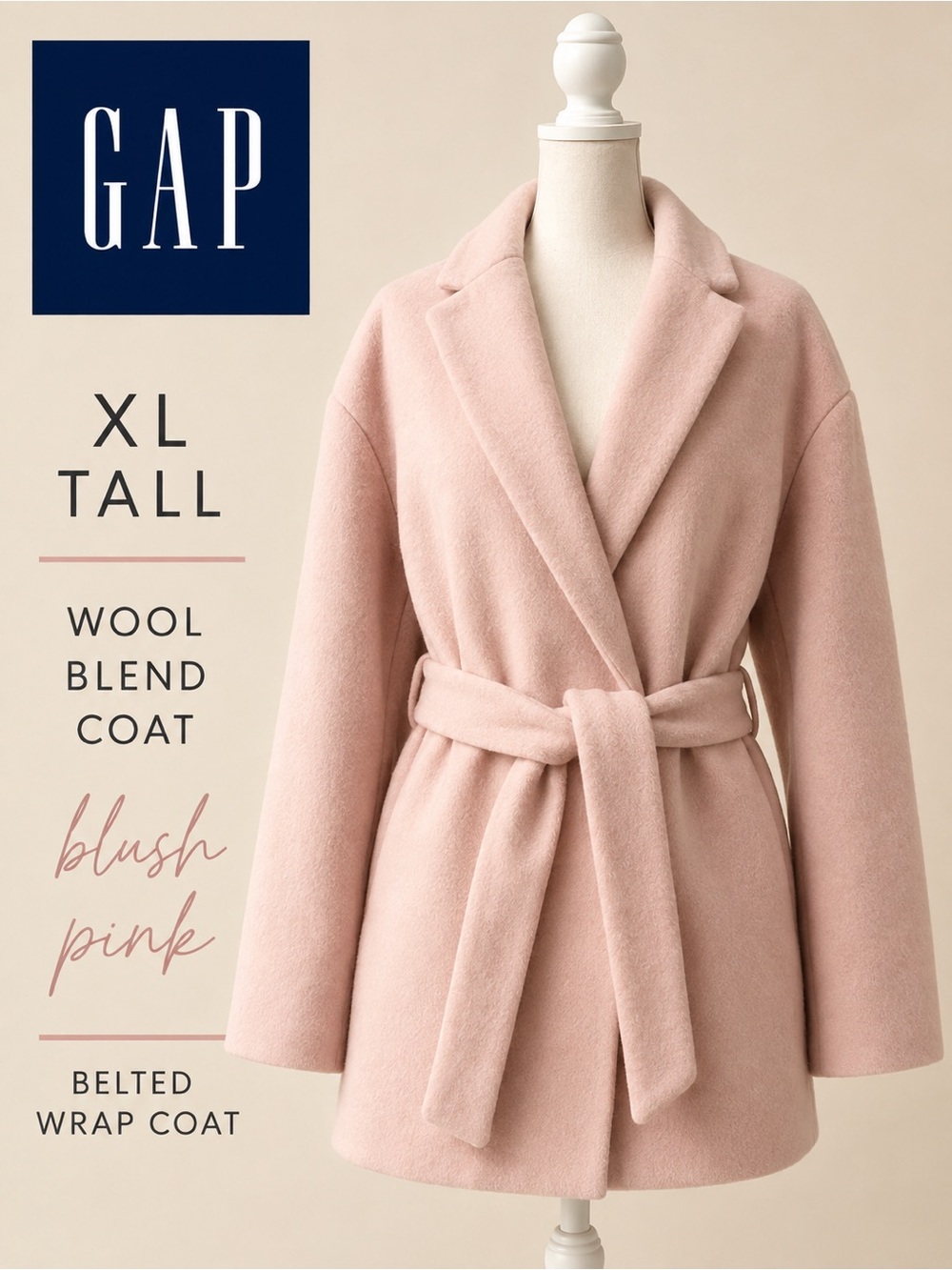 GAP Blush Pink Belted Wrap Wool-Blend Coat